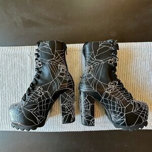 Doll’s Kill Women's Black Lace-Up Platform Boots with Spiderweb Stitching